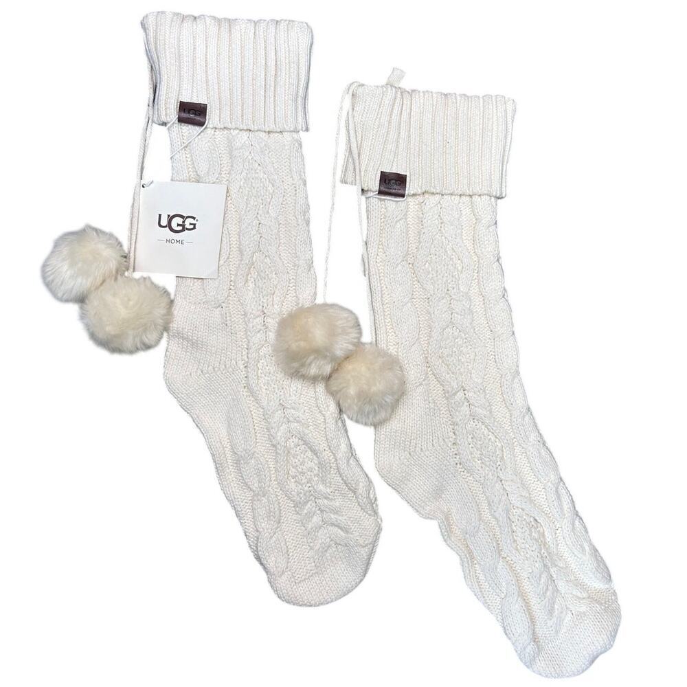 NWT Ugg Home Cable Knit Christmas Stockings Set of 2 Cream White Holiday Decor